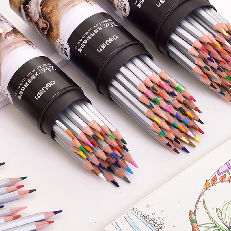 得力水溶性彩色铅笔48色铁桶学生涂鸦涂色初学者手绘彩铅素描绘画