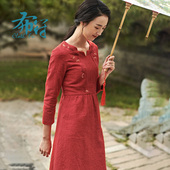 布符长袖 中长款 民国收腰复古宽松连衣裙女