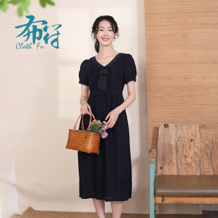 布符夏季 連衣裙刺繡花扣小V領修身 氣質舒適中式 國風女 新款