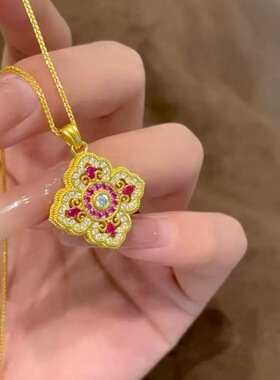 四叶草项链韦雪同款小红书刚玉国风电镀红轻奢真金镶钻吊坠女气质
