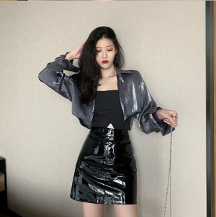 高腰PU漆皮包臀裙显瘦a字时尚 新款 短裙 韩版 亮面小皮裙女2025夏季