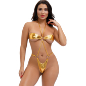 大小码 新款 系带套装 比基尼文胸丁字T裤 女泳衣 欧美海边仿皮三点式