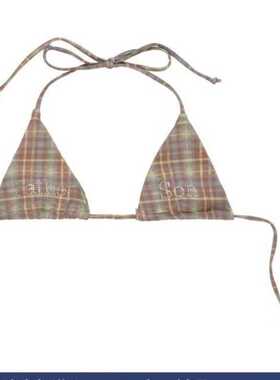 三角杯设计内衣套装烫钻驼色格纹超辣三角杯系带泳装/bikin比基尼