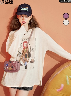 妖精的纯棉长袖印花t恤女2022秋季新款紫色宽松罩衫薄款别致上衣