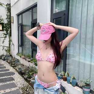 樱桃布丁粉色比基尼小可爱度假泳衣绑带白瘦幼风泳装 比基尼女新品