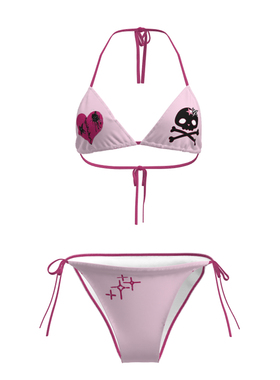 欧美ins风性感爱心粉色比基尼文胸内裤大码可调节游泳内衣纯欲风