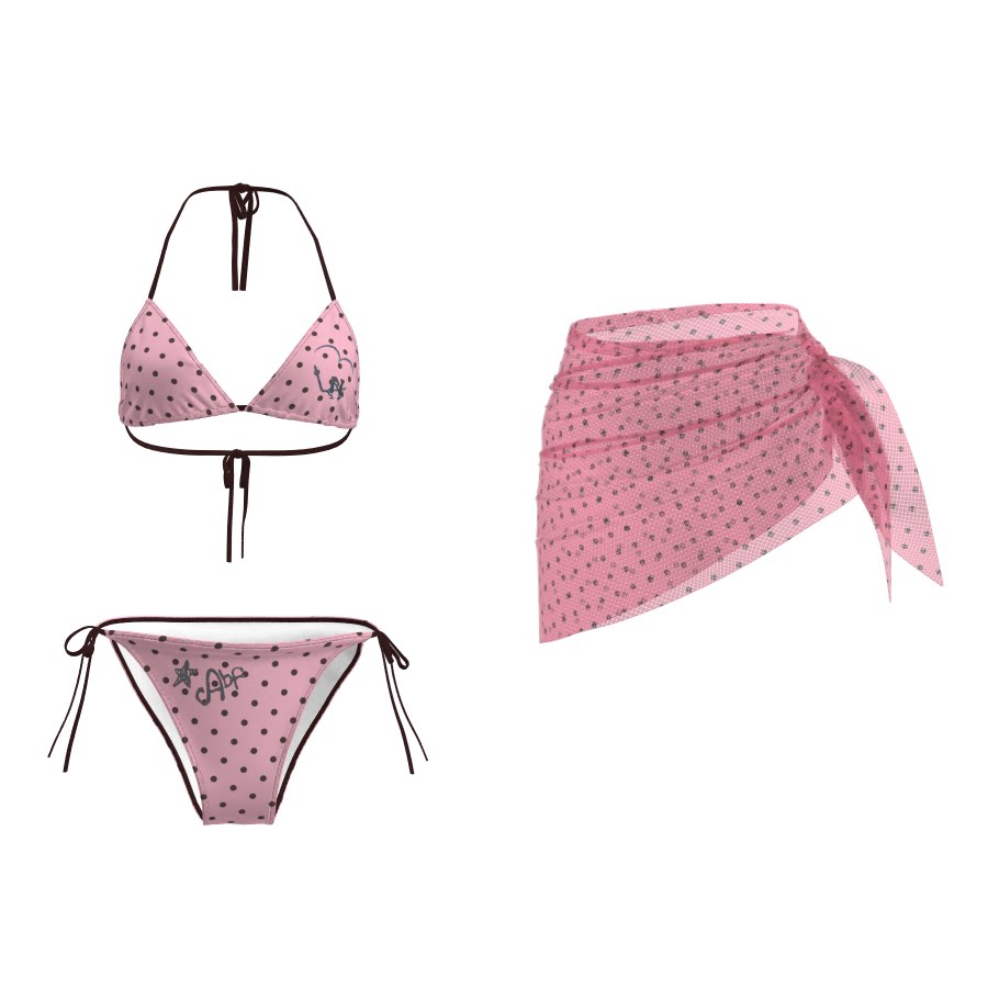 多巴胺甜妹粉波点三件套比基尼带纱裙挂脖系带少女款海边拍照泳装