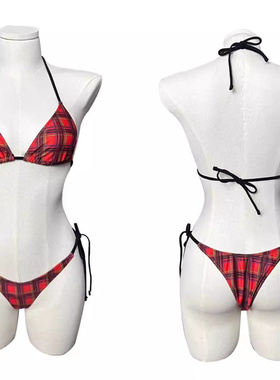 ONNASENSHI女生红格主义比基尼绑带sexy复古经典辣妹泳装分体泳衣