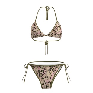 性感比基尼套装 ins风分体小胸聚拢度假游泳衣带胸垫军色豹纹泳装