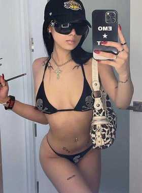 KKX美式辣妹风骷髅烫钻挂脖绑带背心性感t裤泳衣比基尼套装两件套