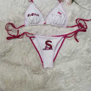 新KITTY甜美图案泳衣分体泳装 沙滩度假凯蒂猫比基尼两件套内衣女