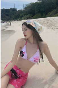 日系可爱少女学生复古甜美粉色绑带性感三角比基尼泳衣女度假泳装