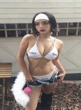 辣妹比基尼白色套装英文印花日系可爱少女泡温泉比基尼辣妹泳衣女