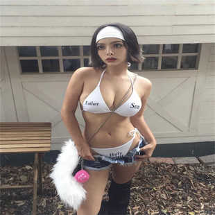 辣妹比基尼白色套装 英文印花日系可爱少女泡温泉比基尼辣妹泳衣女