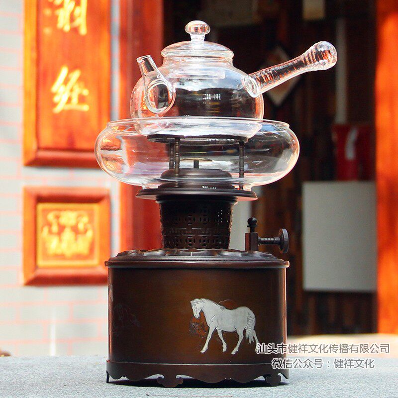 悟焱纯铜煮茶炉八骏图伯逸马晋复古空气灯煤油灯纯铜工夫茶烧水炉
