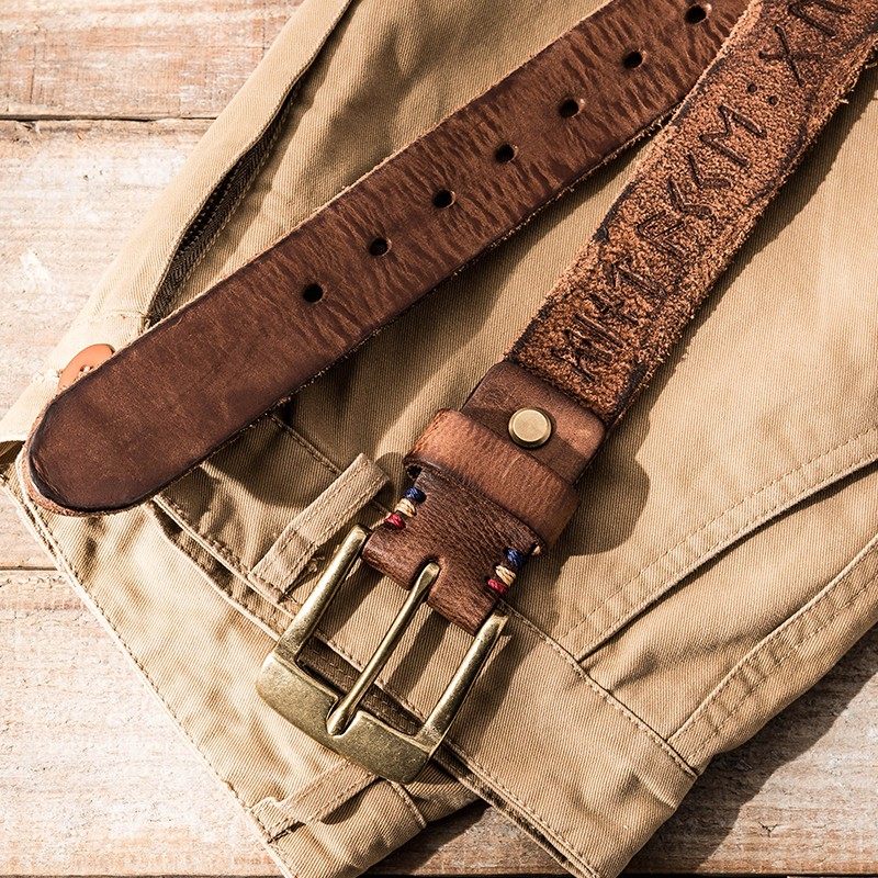 真皮手工复古铜扣皮带男头层纯牛皮个性针扣潮款牛仔青年潮流腰带