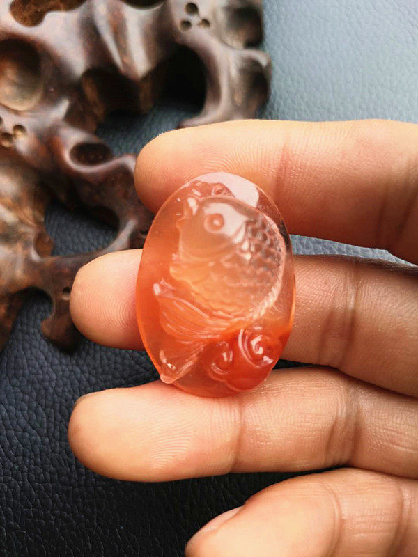 中国水晶矿石天然红水晶红兔毛如意小鱼吊坠 高37×27×13mm14.7g