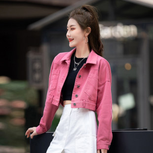 女装 短款 上衣今年流行牛仔衣夹克 2026新款 果绿色牛仔外套女春秋季