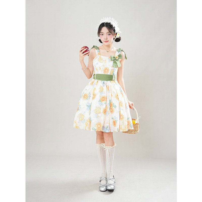 夏季新款淬火向日葵花苞裙气质甜美收腰蝴蝶结明媚连衣裙