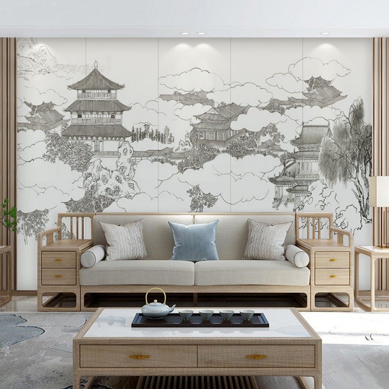 现代新式中山水楼阁布雅致意境线厅条墙etl布客沙发背景墙纸茶壁