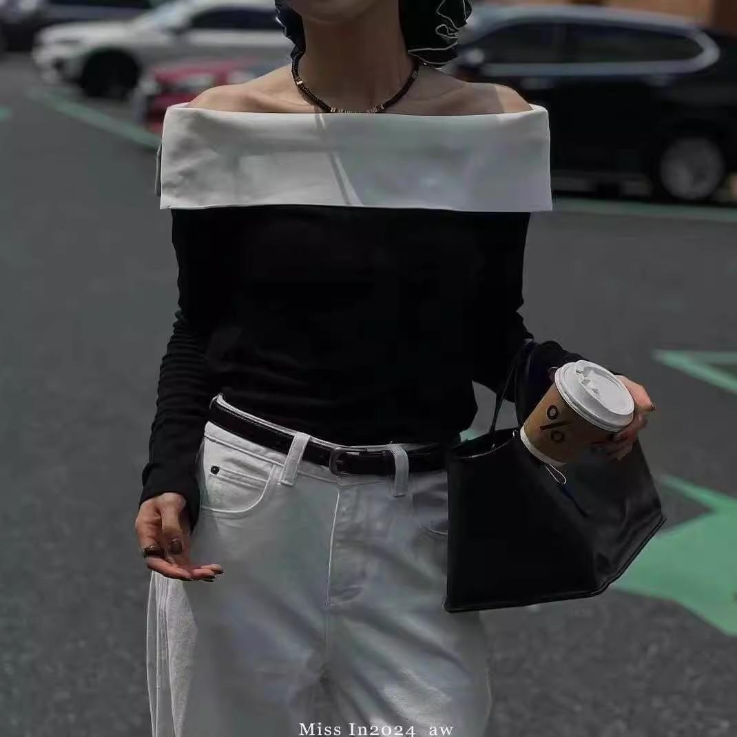一字肩高级感法式长袖t恤女2025春季新款修身显瘦设计感小衫上衣