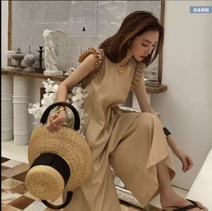 连衣裤女2023春夏新款复古木耳边连体九分裙裤宽松显瘦气质阔腿裤