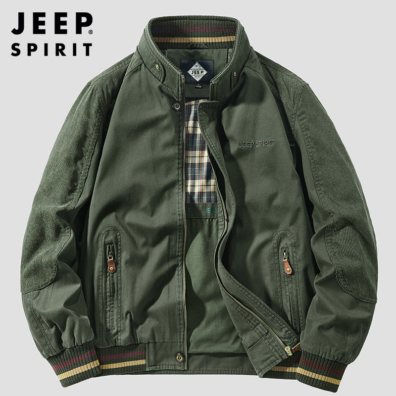 JEEP SPIRIT春秋新款立领开衫绣花工装休闲纯棉舒适透气夹克男装