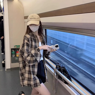 衬衣宽松上衣 女春秋设计感外搭开衫 港风复古绿色格子长袖 防晒衬衫