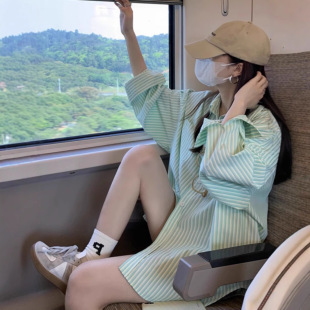 慵懒风开衫 批发绿色长袖 新款 女春季 衬衣外套宽松bf上衣 条纹衬衫