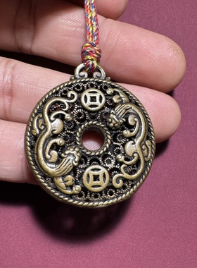 古玩杂项复古包浆纯铜镂空双貔貅六字真言挂件吊坠钥匙扣