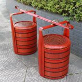 竹编篮子竹编箩筐结婚挑担订婚家用喜事篮子带扁担红色婚庆大篮子