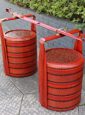 竹编篮子竹编箩筐结婚挑担订婚家用喜事篮子带扁担红色婚庆大篮子