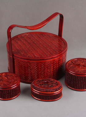 手工竹编篮子拜拜手提篮圆形结婚食盒双层复古提篮红色婚庆篮
