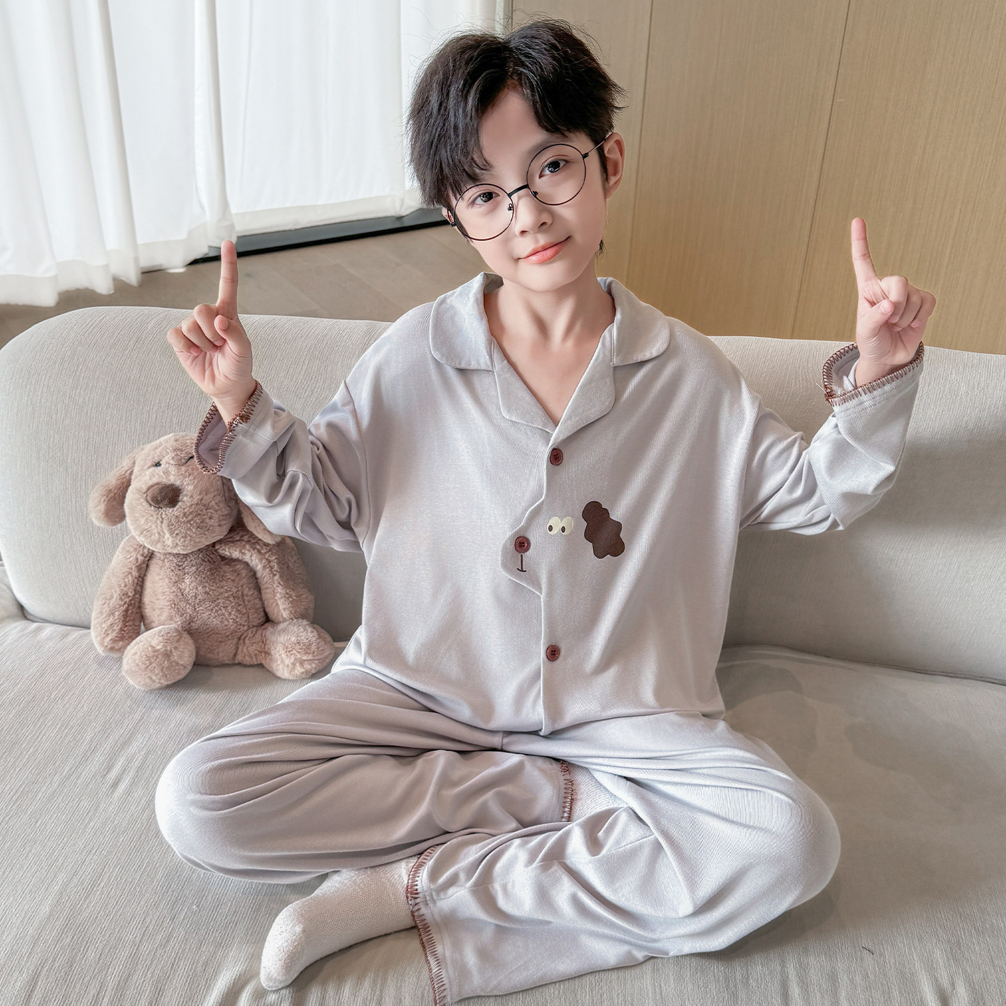 儿童纯棉家居服春秋薄长袖男童睡衣套装韩版青少年开衫可外穿套装