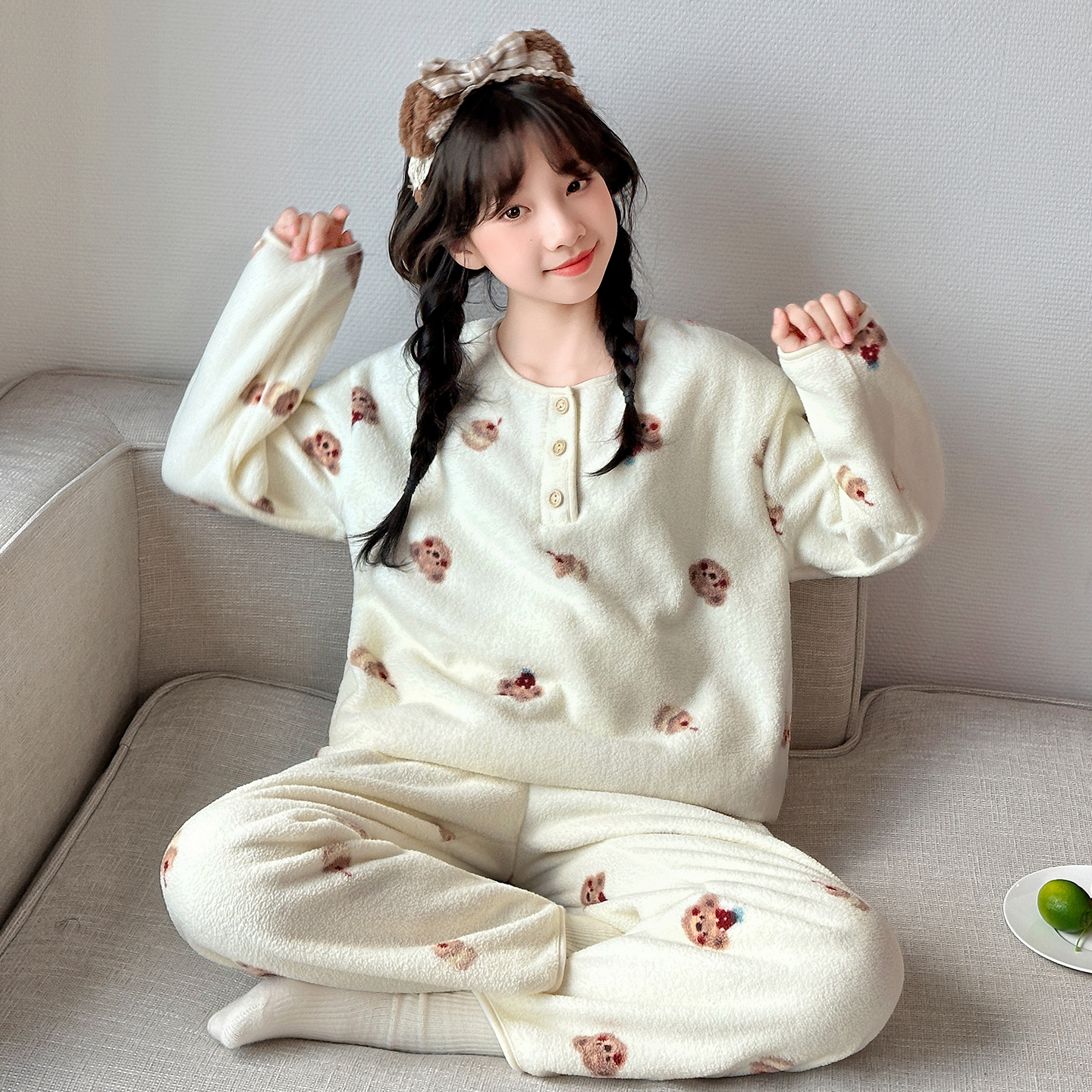 女童法兰绒睡衣套装可爱短绒薄绒