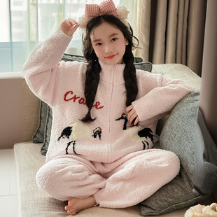 儿童睡衣秋冬季女童立领保暖半边绒绒洋气法兰绒拉链家居服套装潮