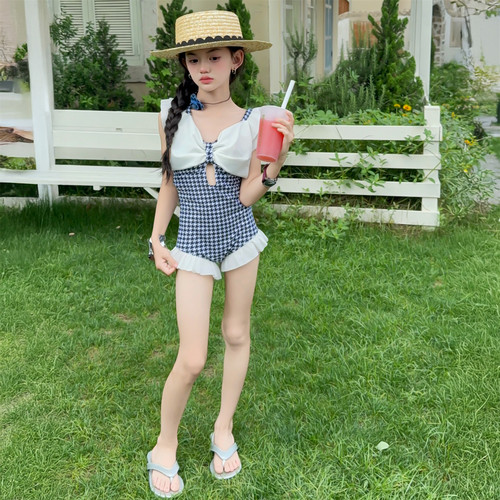 蝴蝶花边甜美女童弹力连体泳装潮