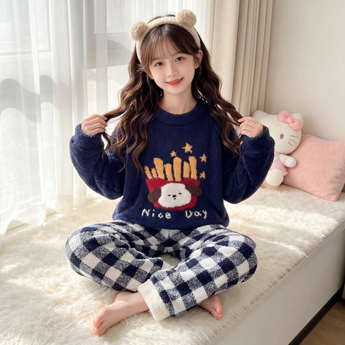 女童秋冬半边绒加厚保暖家居套装