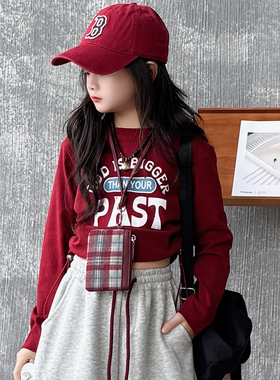 女童长袖T恤抽绳春秋中大童洋气打底衫红色儿童装上衣女孩百搭潮