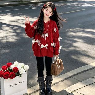 儿童韩版红色蝴蝶结毛衣女童秋冬慵懒风甜美针织衫中长款保暖上衣