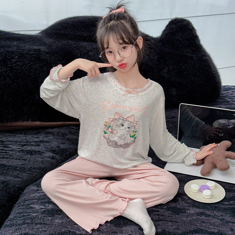 春秋女童长袖睡衣薄款时髦洋气套头家居服儿童中大童休闲甜美套装