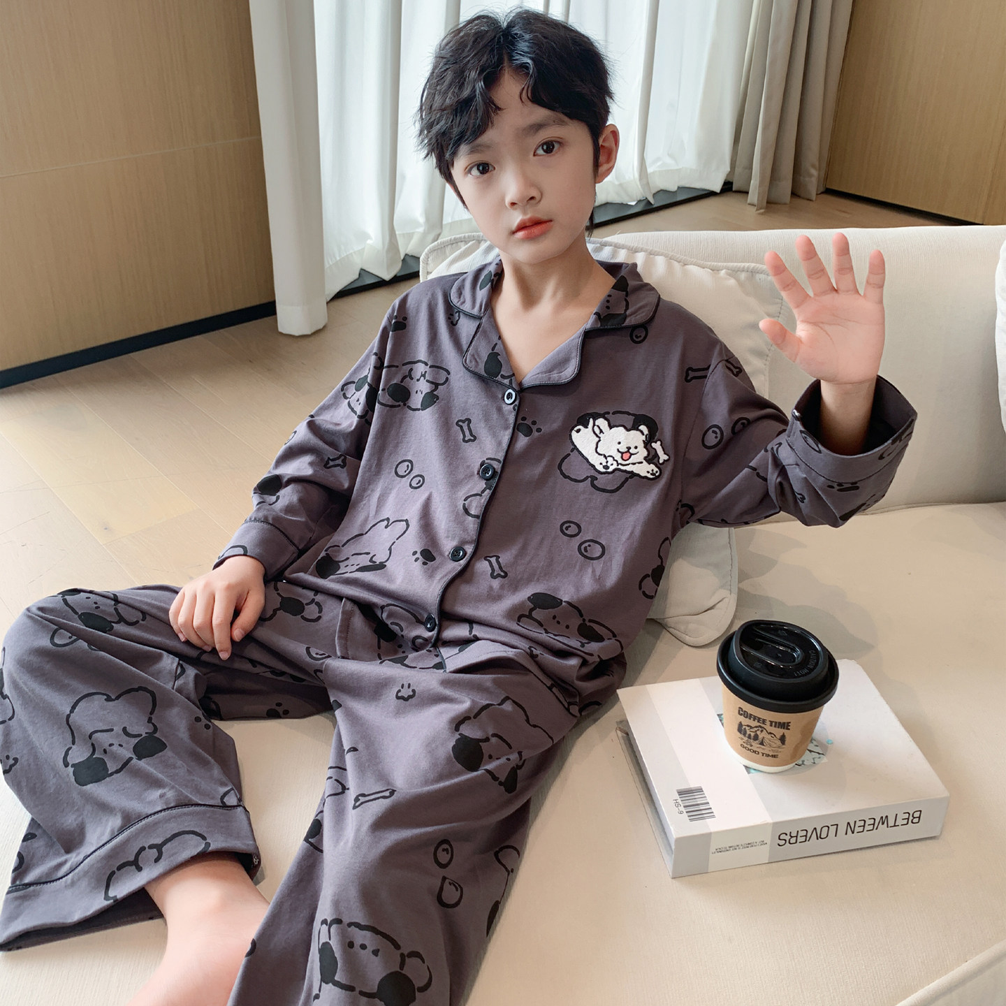 韩版男童长袖家居服纯棉薄款春秋儿童宽松开衫睡衣两件套透气吸汗