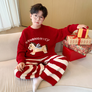 卡通小码半边绒男童睡衣冬季保暖珊瑚绒红色本命年家居服套装新年