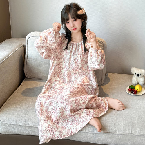 女童春秋纯棉碎花长袖薄款家居裙