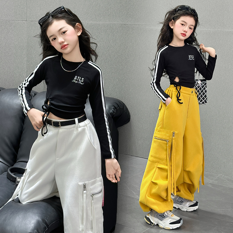 潮童装短款女童长袖t恤露脐街舞春装新款女孩体恤儿童上衣打底衫