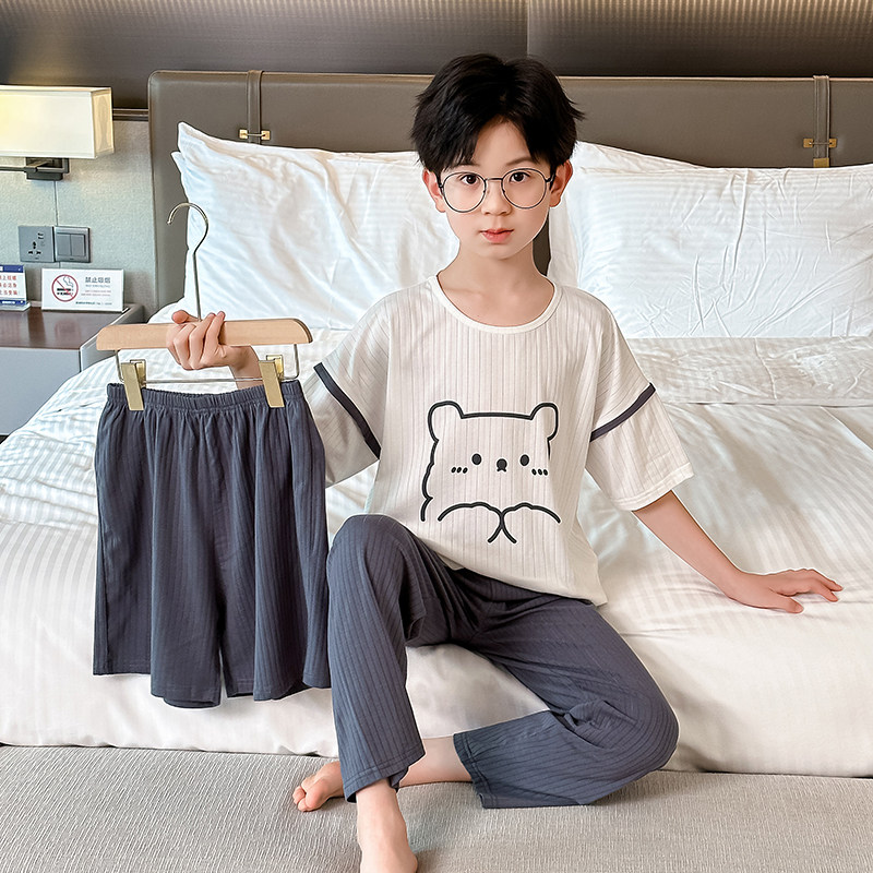 儿童莫代尔睡衣三件套夏季薄款男童宽松休闲家居服套装大童空调服