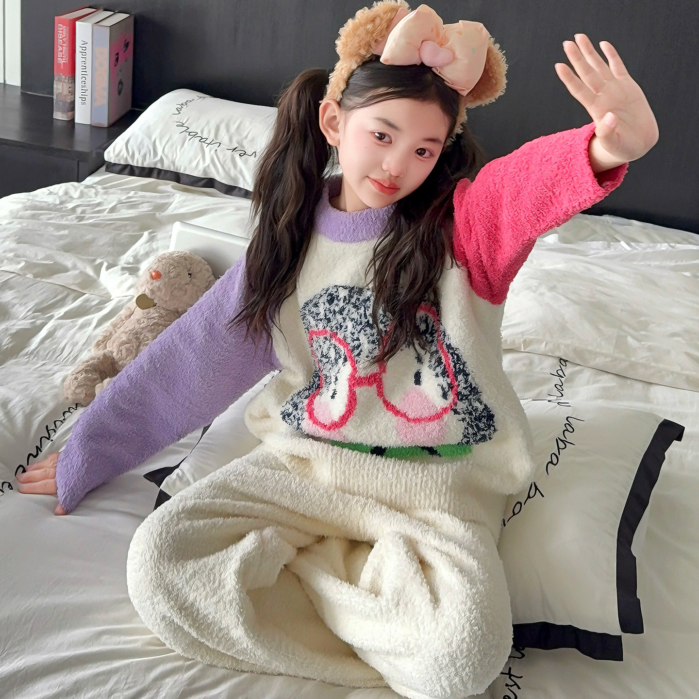 女童半边绒睡衣2026秋冬款加厚儿童家居服套装可外穿洋气卡通可爱
