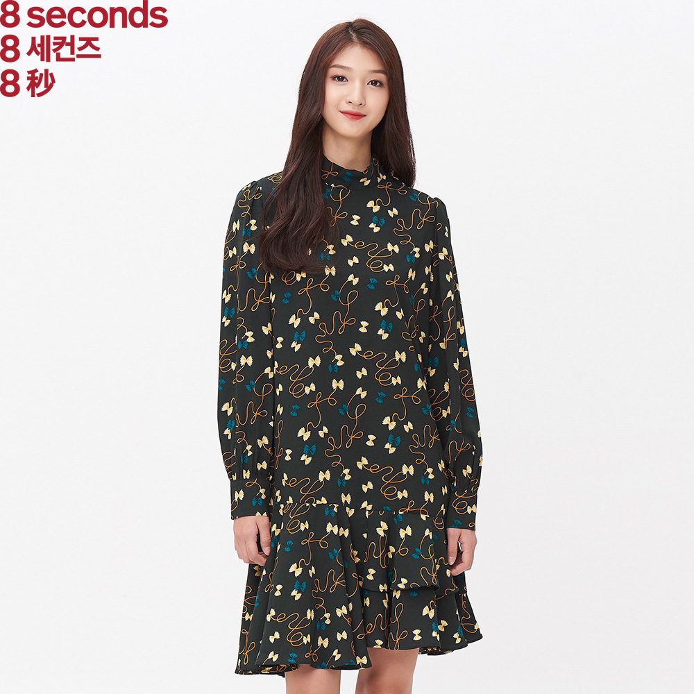 8seconds|8秒女式韩版2017冬季新款蝴蝶结印花连衣裙167871WY2