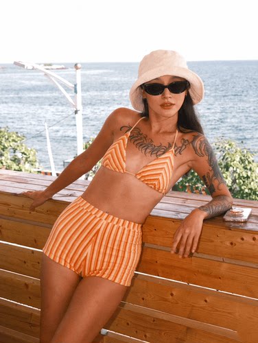 swim比基尼三文鱼橘色带胸垫泳衣