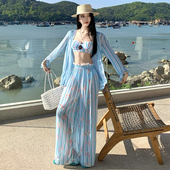 沙滩度假防嗮宽松慵懒分体抹胸内搭泳衣 衬衫 法式 田园碎花蓝色长裤